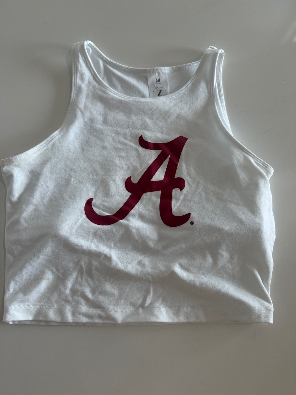 White Crop Tank Top with Crimson Script A